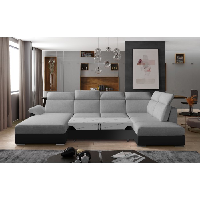 Canapé panoramique convertible MAJESTA 5 places gris et noir – angle gauche 