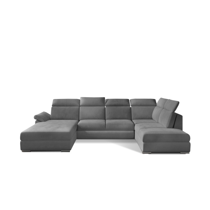 Canapé panoramique convertible MAJESTA 5 places gris clair – angle gauche avec coffre 