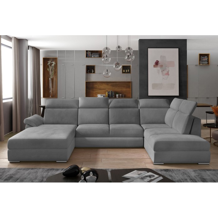 Canapé panoramique convertible MAJESTA 5 places gris clair – angle gauche avec coffre 