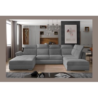 Canapé panoramique convertible MAJESTA 5 places gris clair – angle gauche avec coffre 