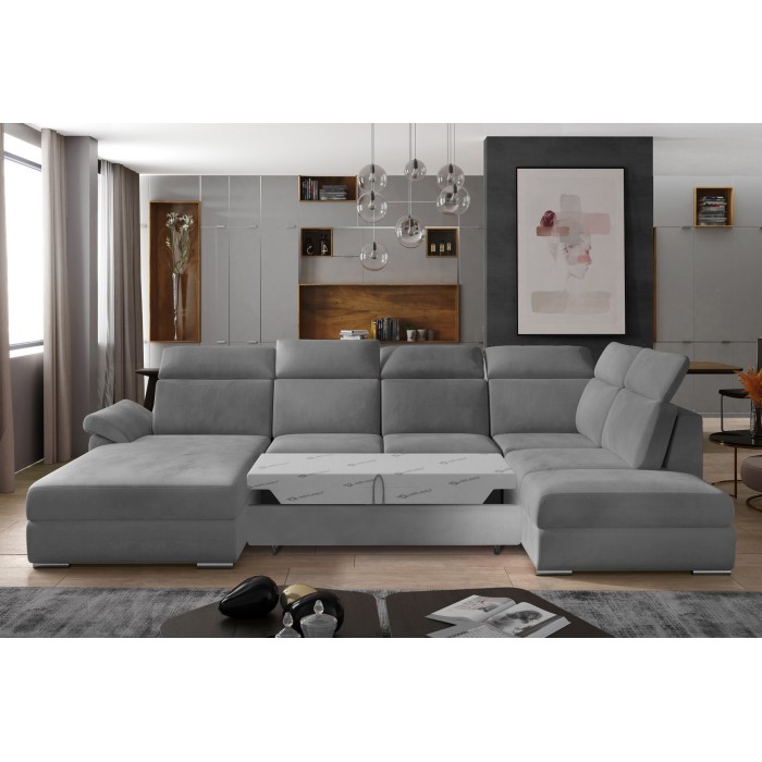 Canapé panoramique convertible MAJESTA 5 places gris clair – angle gauche avec coffre 