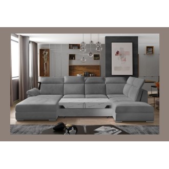Canapé panoramique convertible MAJESTA 5 places gris clair – angle gauche avec coffre 