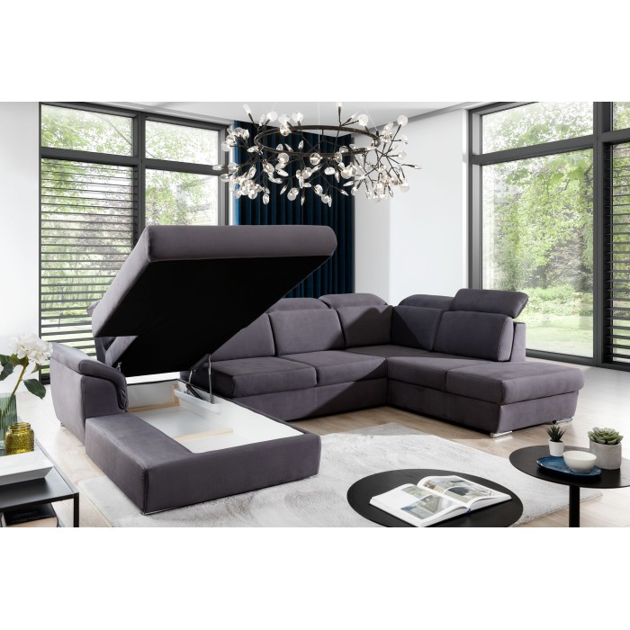 Canapé panoramique convertible MAJESTA 5 places gris – angle gauche avec coffre 