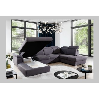 Canapé panoramique convertible MAJESTA 5 places gris – angle gauche avec coffre 
