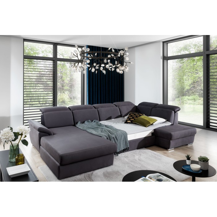 Canapé panoramique convertible MAJESTA 5 places gris – angle gauche avec coffre 