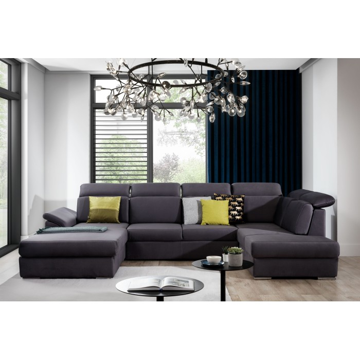 Canapé panoramique convertible MAJESTA 5 places gris – angle gauche avec coffre 
