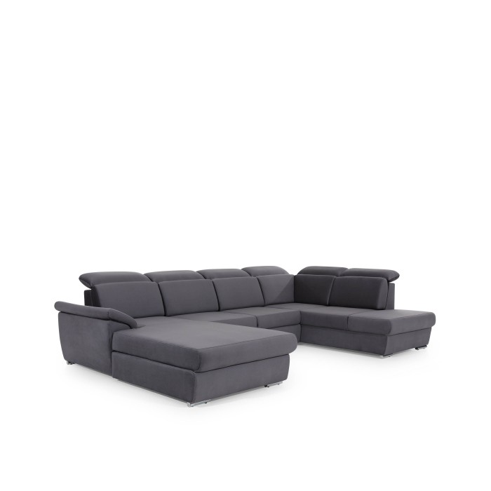 Canapé panoramique convertible MAJESTA 5 places gris – angle gauche avec coffre 