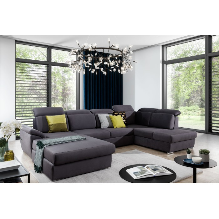 Canapé panoramique convertible MAJESTA 5 places gris – angle gauche avec coffre 