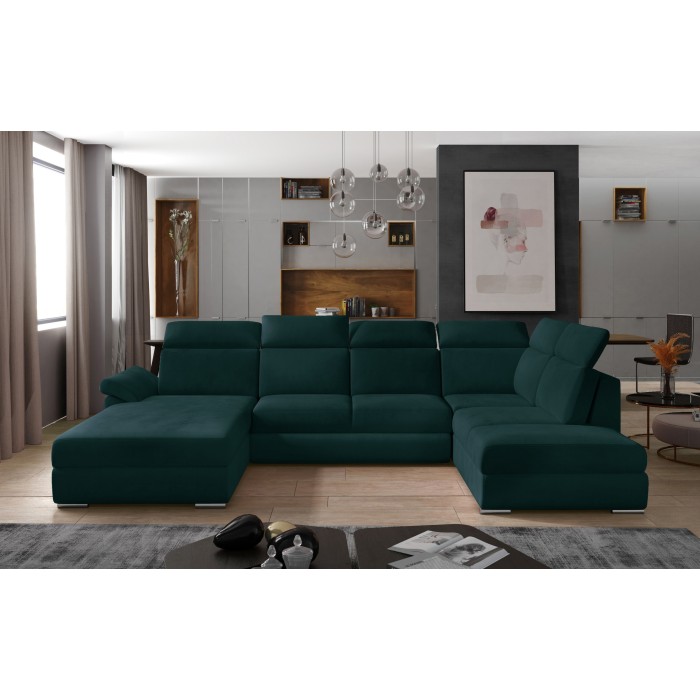 Canapé panoramique convertible MAJESTA 5 places vert foncé – angle gauche avec coffre 