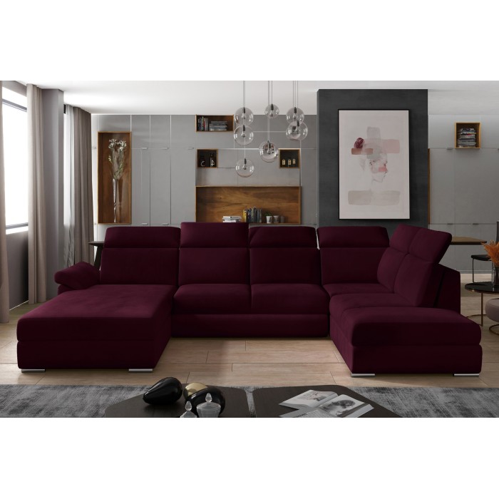 Canapé panoramique convertible MAJESTA 5 places rose foncé – angle droit avec coffre 
