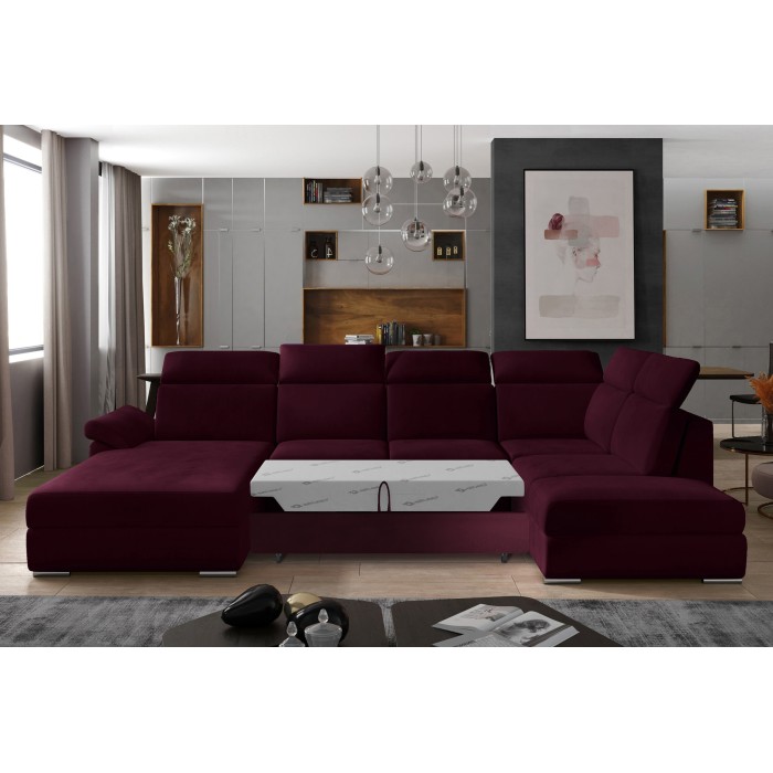 Canapé panoramique convertible MAJESTA 5 places rose foncé – angle droit avec coffre 