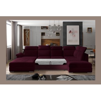 Canapé panoramique convertible MAJESTA 5 places rose foncé – angle droit avec coffre 