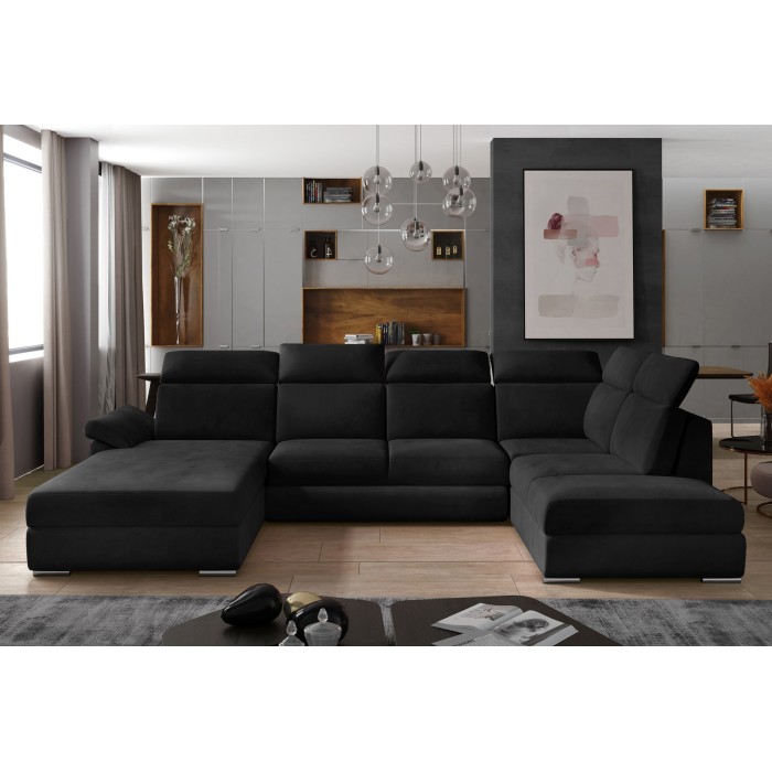 Canapé panoramique convertible MAJESTA 5 places noir – angle droit avec coffre 