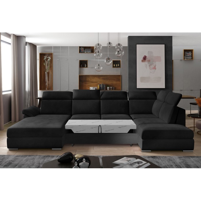 Canapé panoramique convertible MAJESTA 5 places noir – angle droit avec coffre 