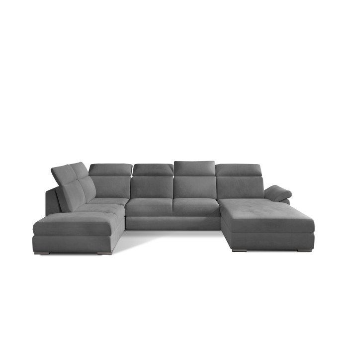 Canapé panoramique convertible MAJESTA 5 places gris – angle droit avec coffre 