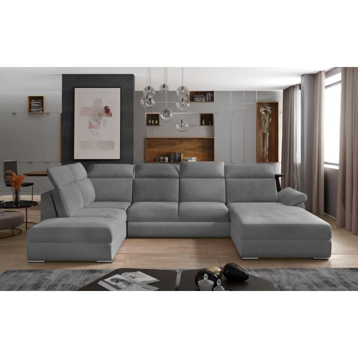 Canapé panoramique convertible MAJESTA 5 places gris – angle droit avec coffre 