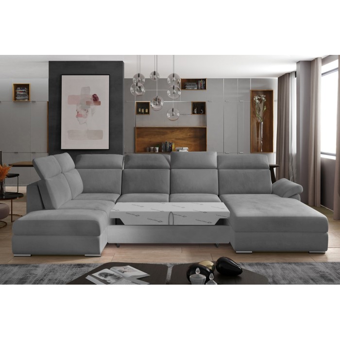 Canapé panoramique convertible MAJESTA 5 places gris – angle droit avec coffre 