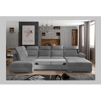 Canapé panoramique convertible MAJESTA 5 places gris – angle droit avec coffre 