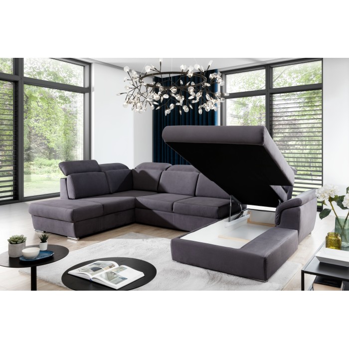 Canapé panoramique convertible MAJESTA 5 places gris – angle droit avec coffre – version 2 