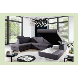 Canapé panoramique convertible MAJESTA 5 places gris – angle droit avec coffre – version 2 