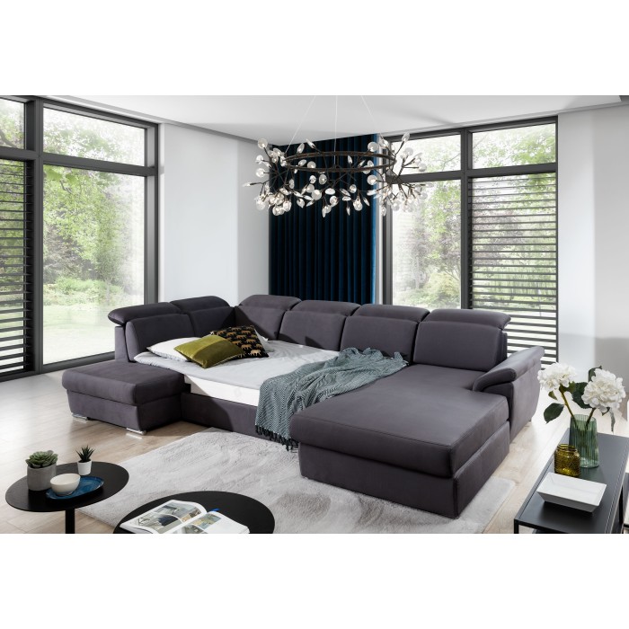 Canapé panoramique convertible MAJESTA 5 places gris – angle droit avec coffre – version 2 