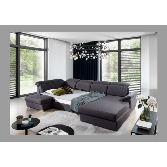 Canapé panoramique convertible MAJESTA 5 places gris – angle droit avec coffre – version 2 