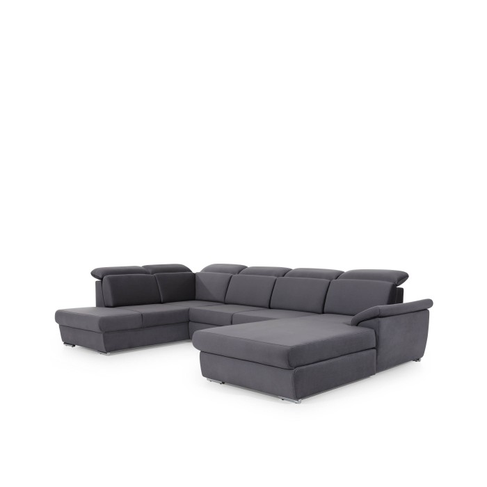 Canapé panoramique convertible MAJESTA 5 places gris – angle droit avec coffre – version 2 