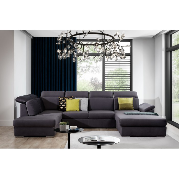 Canapé panoramique convertible MAJESTA 5 places gris – angle droit avec coffre – version 2 