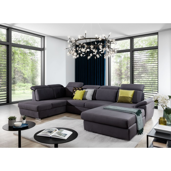 Canapé panoramique convertible MAJESTA 5 places gris – angle droit avec coffre – version 2 