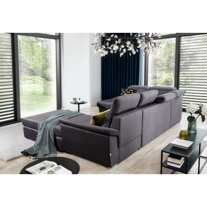 Canapé panoramique convertible MAJESTA 5 places gris – angle droit avec coffre – version 2 