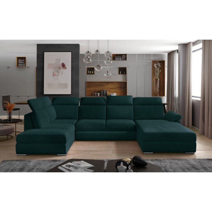 Canapé panoramique convertible MAJESTA 5 places vert foncé – angle droit avec coffre 