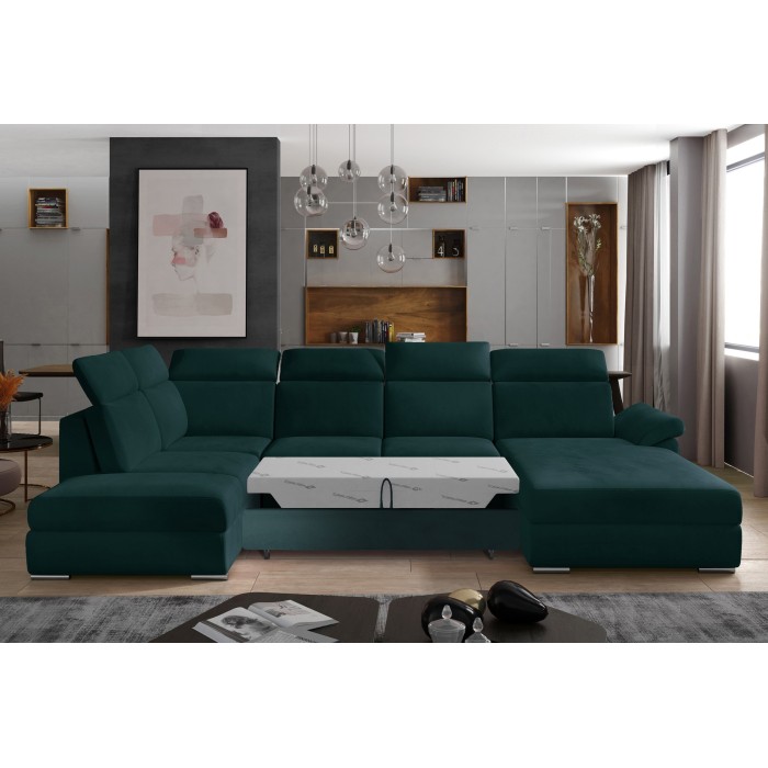 Canapé panoramique convertible MAJESTA 5 places vert foncé – angle droit avec coffre 