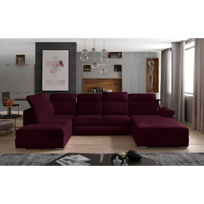 Canapé panoramique convertible MAJESTA 5 places rose foncé – angle droit avec coffre – version 2 
