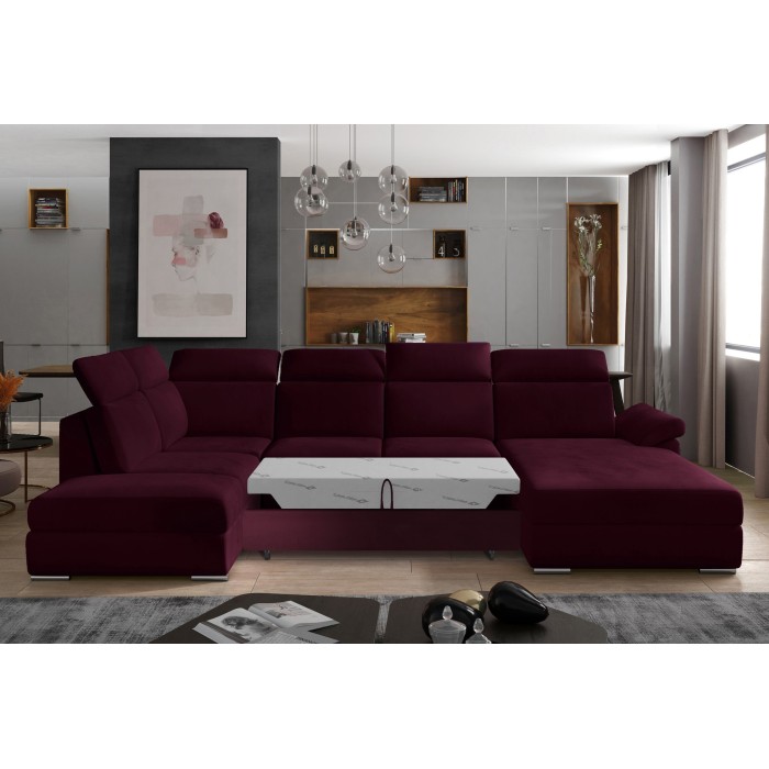 Canapé panoramique convertible MAJESTA 5 places rose foncé – angle droit avec coffre – version 2 