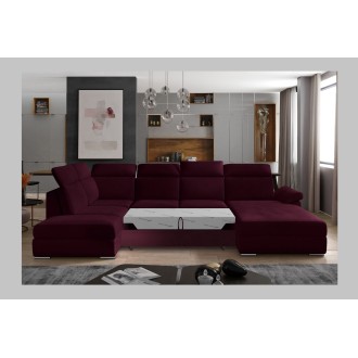 Canapé panoramique convertible MAJESTA 5 places rose foncé – angle droit avec coffre – version 2 