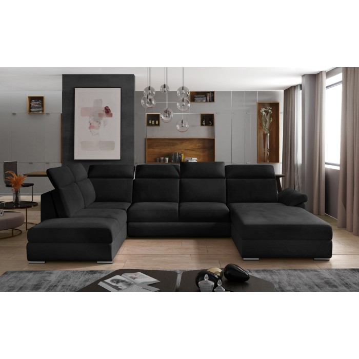 Canapé panoramique convertible MAJESTA 5 places noir – angle droit avec coffre – version 2 