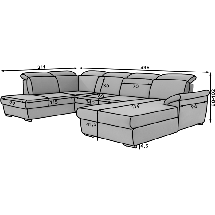 Canapé panoramique convertible MAJESTA 5 places noir – angle droit avec coffre – version 2 