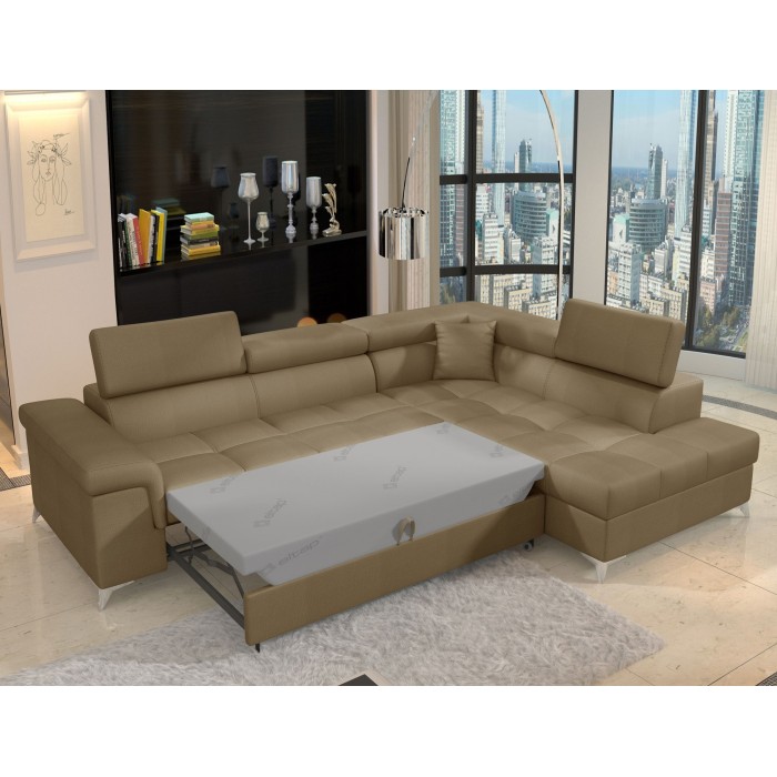 Canapé d’angle convertible PALAZZO 4 places marron – angle droit avec 1 coussin 