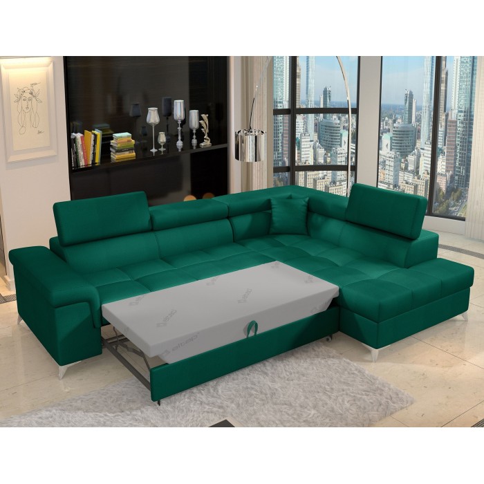 Canapé d’angle convertible PALAZZO 4 places vert foncé – angle droit avec 1 coussin 