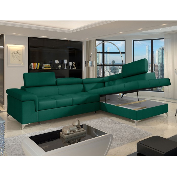 Canapé d’angle convertible PALAZZO 4 places vert foncé – angle droit avec 1 coussin 