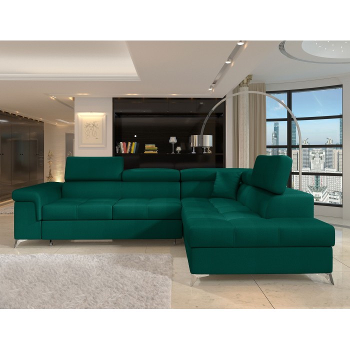 Canapé d’angle convertible PALAZZO 4 places vert foncé – angle droit avec 1 coussin 
