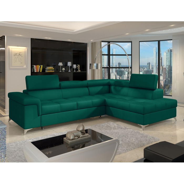 Canapé d’angle convertible PALAZZO 4 places vert foncé – angle droit avec 1 coussin 