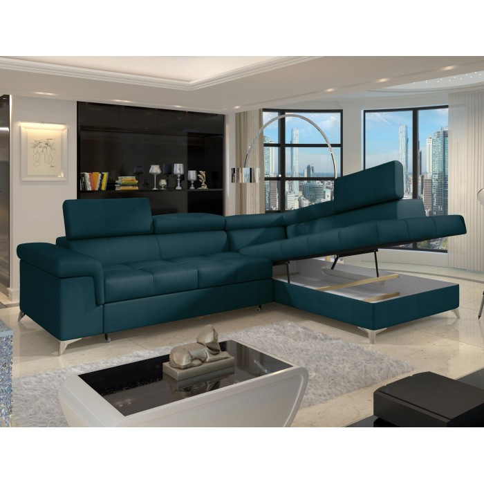 Canapé d’angle convertible PALAZZO 4 places bleu foncé – angle droit avec 1 coussin 