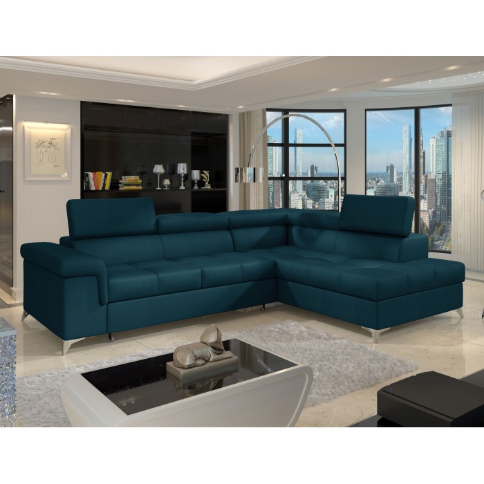Canapé d’angle convertible PALAZZO 4 places bleu foncé – angle droit avec 1 coussin 