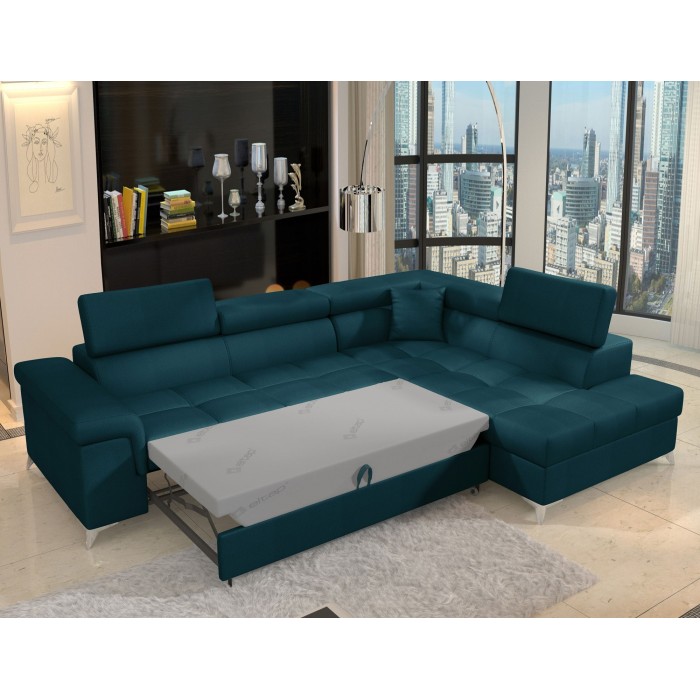 Canapé d’angle convertible PALAZZO 4 places bleu foncé – angle droit avec 1 coussin 