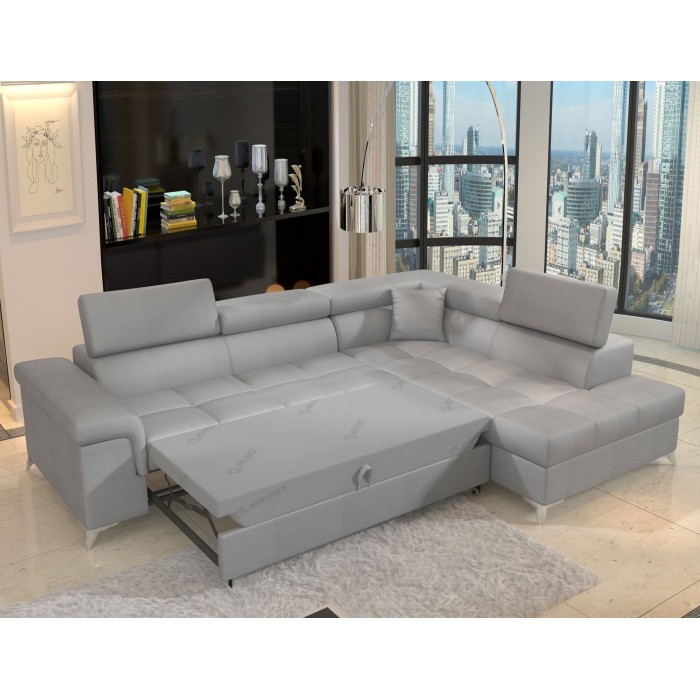 Canapé d’angle convertible PALAZZO 4 places gris clair – angle droit avec 1 coussin 