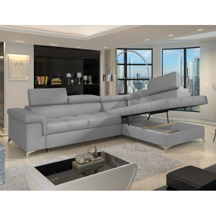 Canapé d’angle convertible PALAZZO 4 places gris clair – angle droit avec 1 coussin 