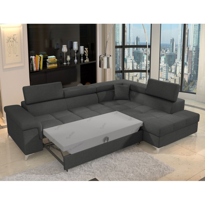 Canapé d’angle convertible PALAZZO 4 places gris foncé – angle droit avec 1 coussin 