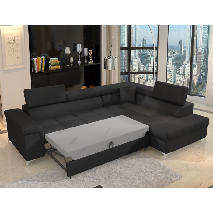 Canapé d’angle convertible PALAZZO 4 places noir – angle droit avec 1 coussin 