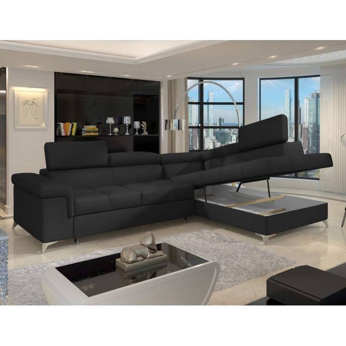 Canapé d’angle convertible PALAZZO 4 places noir – angle droit avec 1 coussin 